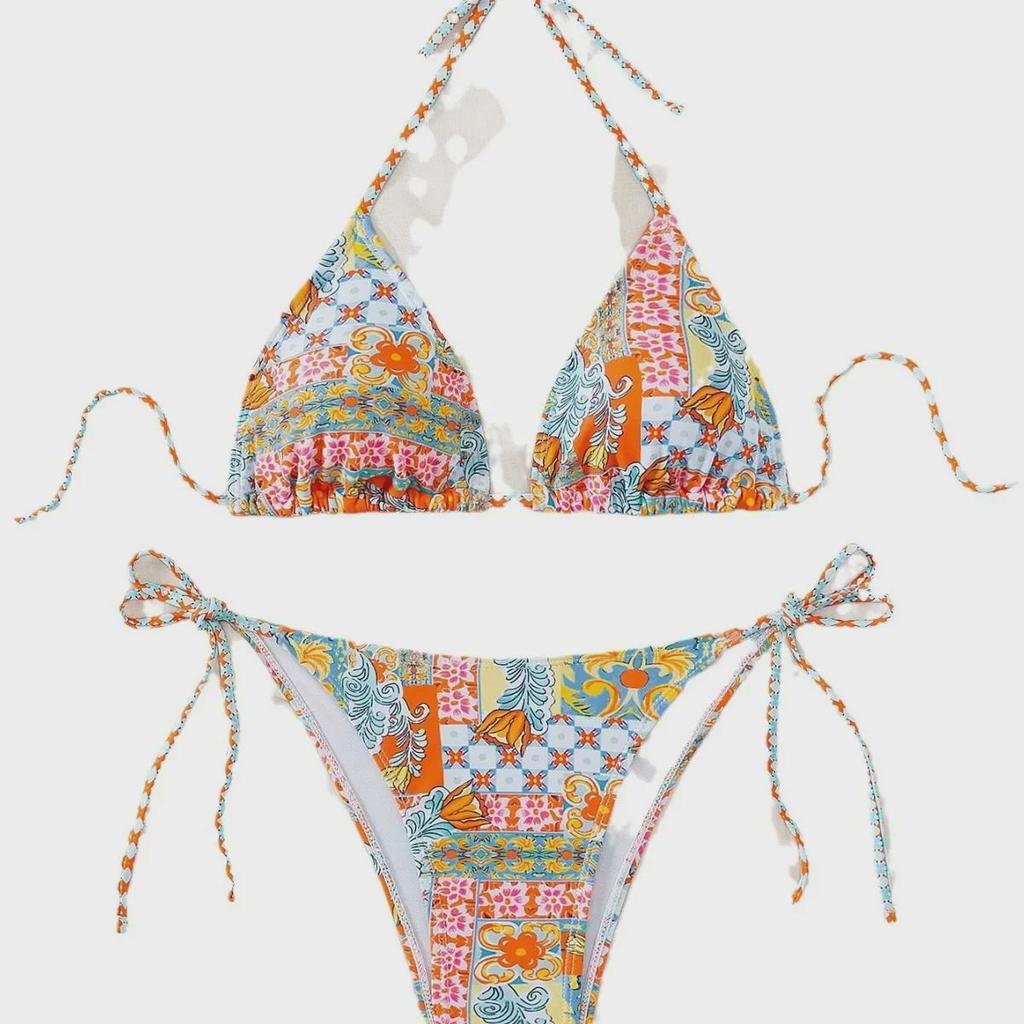 2024 Triangle Cup Printed Lace-Up Bikini Swimsuit for Women
