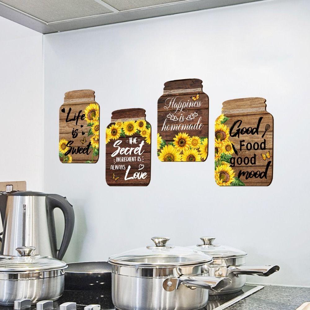 Mason Jar Shape Sunflower Wall Sticker Rustic Wooden Signs English Decorative Painting  Dining Room