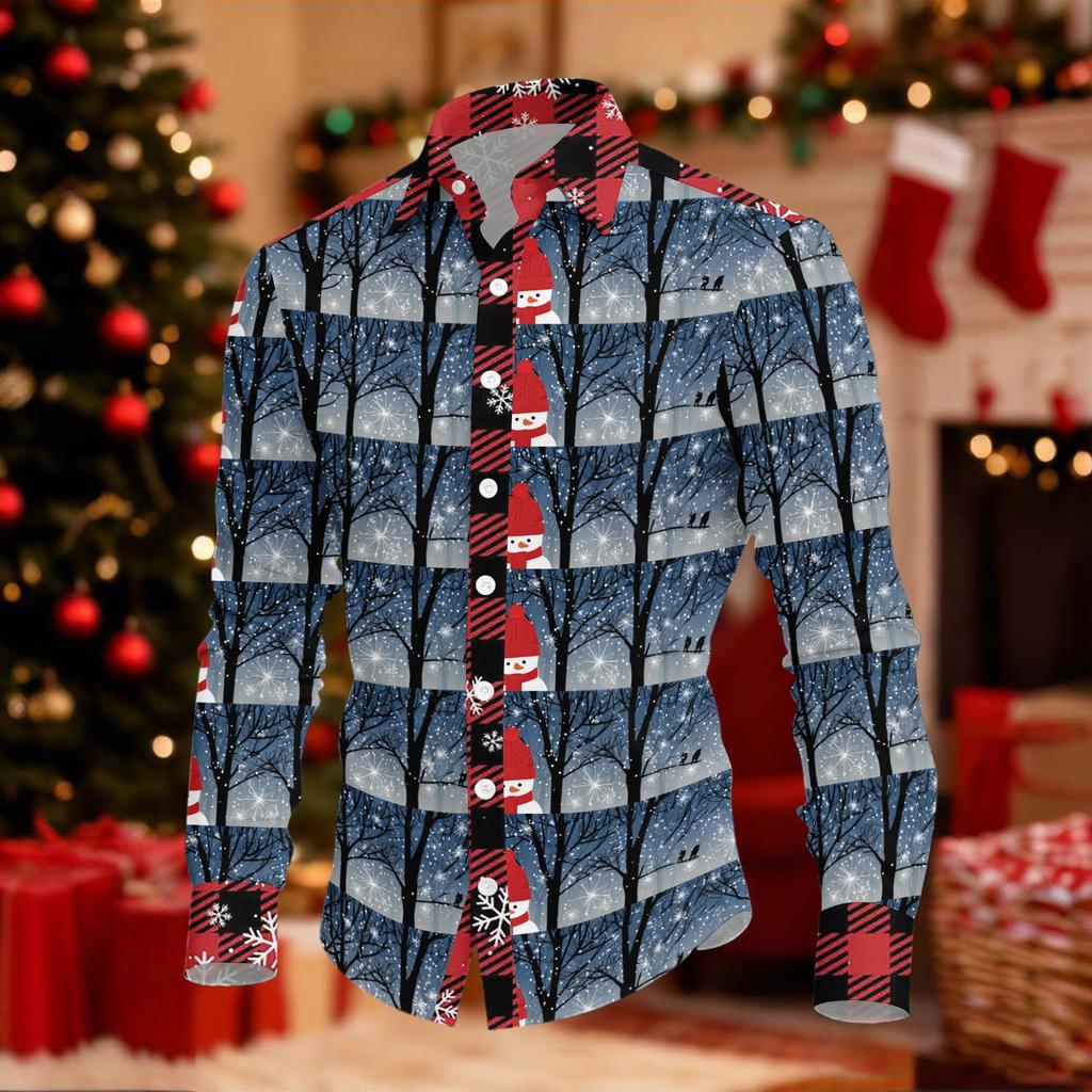 Men's Casual Long Sleeve Shirt with Christmas Print for Holiday Party and Fall