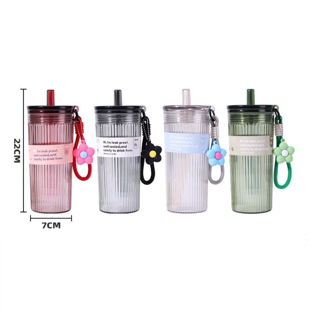 650ML Large Capacity Summer Plastic Straw Cup Leak Proof Transparent Student Water Cup Flower pendant with Lid & Hanging rope