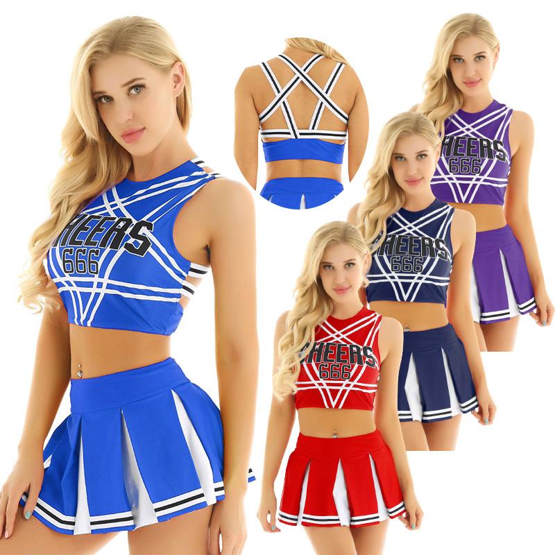 

Womens Cheer Leader Costume Cheerleading Outfit High School Musical Schoolgirl Uniform S червоний