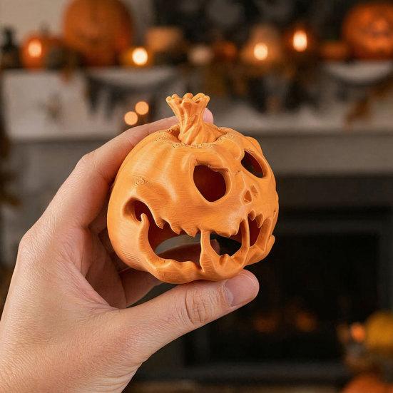 Festive Orange Green Ornament 3D Printed Skull Pumpkin Candle Holder, Hollow Design Durable PLA Halloween Figure Figurine, Multifunctional Ambient