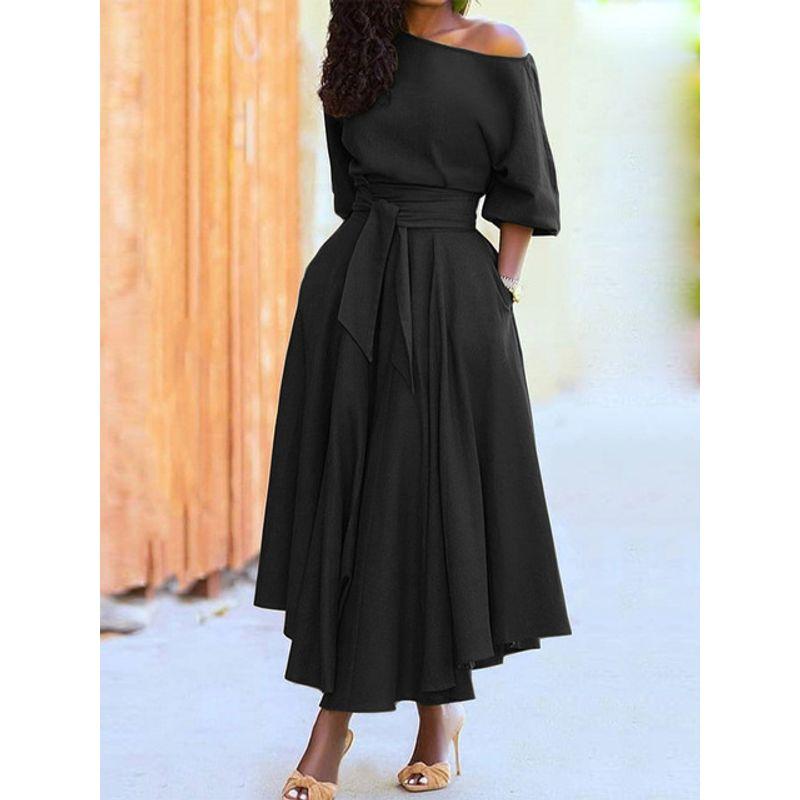 

Strap Waist Sloping Shoulder Neck Dress Lace-up Waist-Controlled Slant Shoulder Collar Dress Black M
