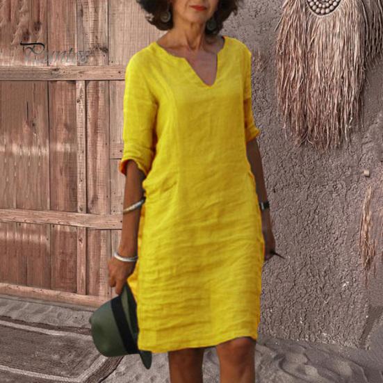 Casual Dress Summer Lady V Neck Three Quarter Sleeves Loose Solid Color Knee Length Simple Style Daily Wear Commute Midi Fit