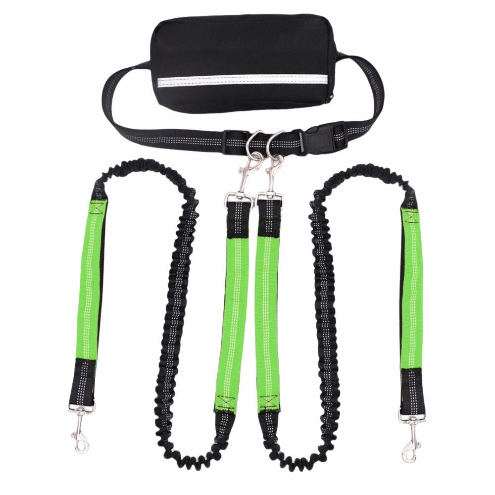Reflective Stitching Double Dog Leash with Pouch Anti-Tangle Hands Free Dog Leash  Pet Accessories зелёный