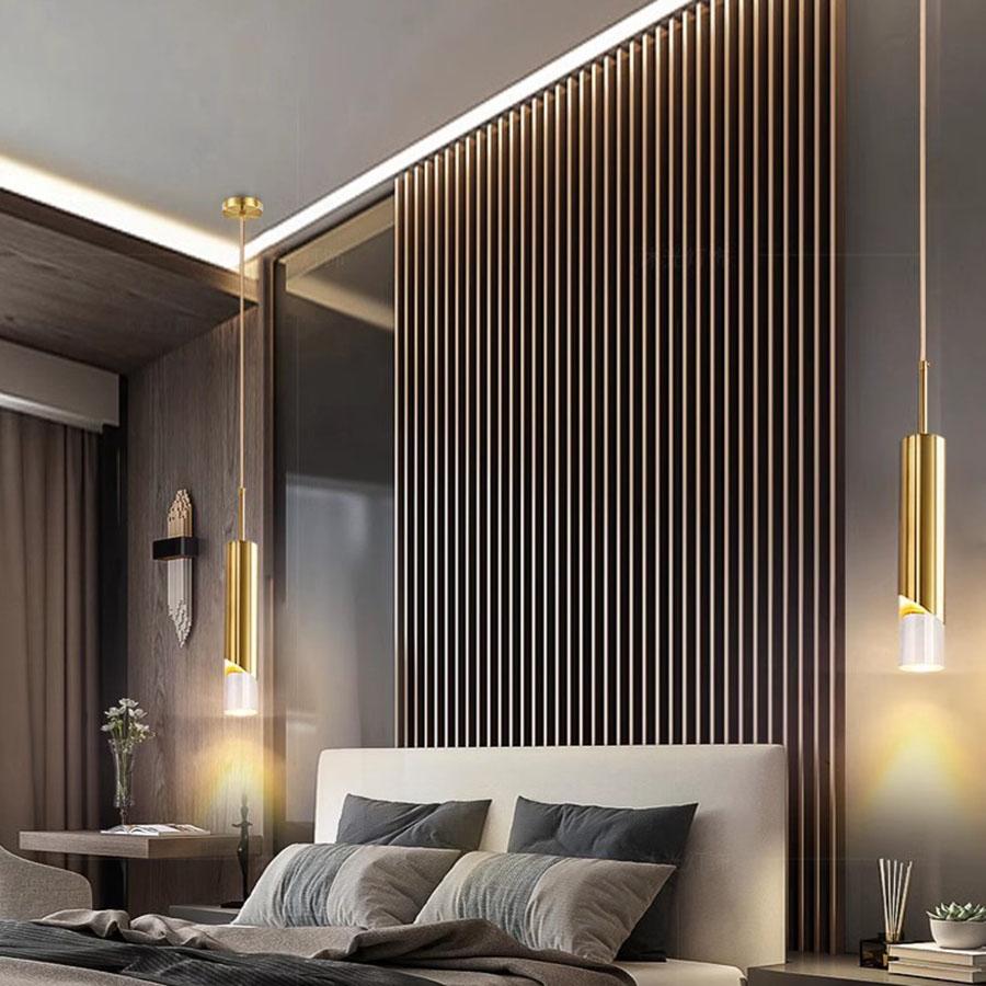 Lampă de suspendare nordică de 7W, acrilic, tub lung, pentru dormitor, lampă suspendată cu LED negru auriu, pentru decor bar, restaurant