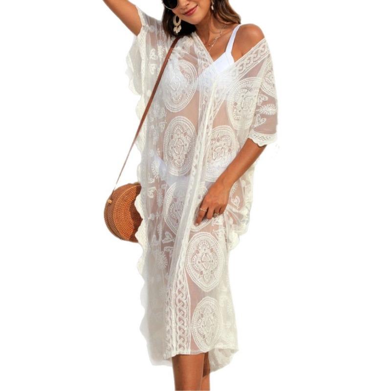 Women's Beach Bikini Blouse Water Soluble Lace Deep V Sexy Perspective Dress