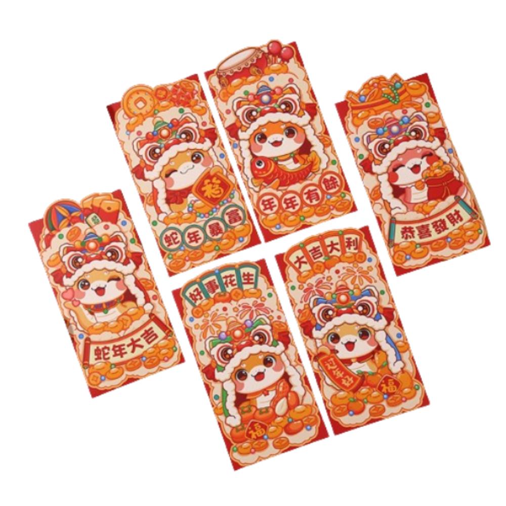 6pcs Traditional 2025 Snake Year Red Envelopes Cartoon Good Lucky Red Packets  Lunar New Year Gifts