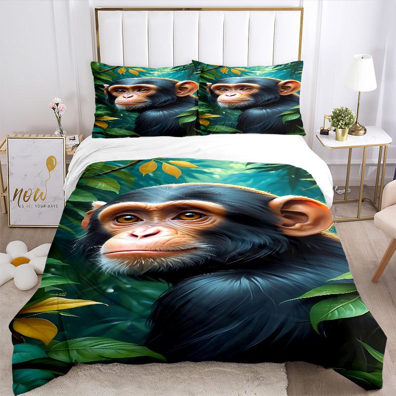 3pcs Chimpanzee, Jungle Bedding Set - 1 Duvet Cover + 2 Pillowcases(Core Not Included), Machine Washable Polyester Yy251216147
