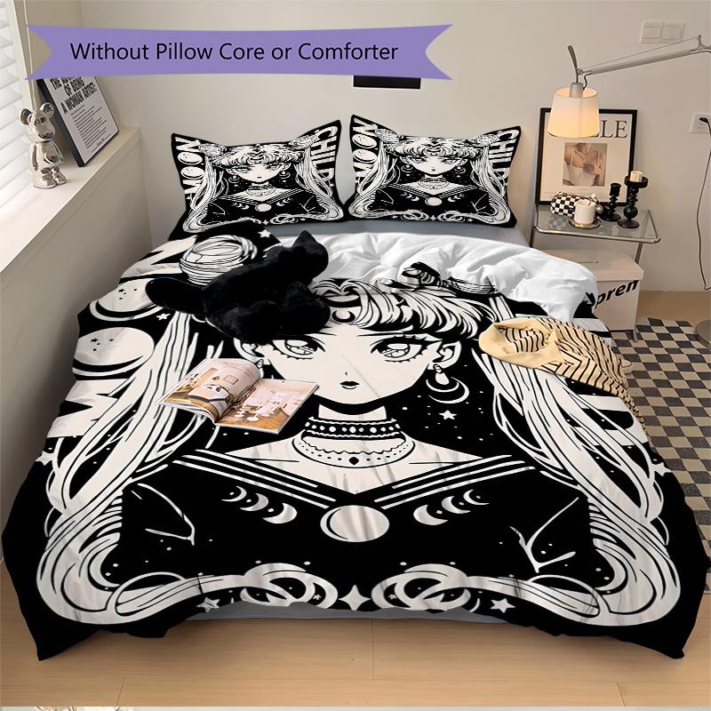 3pcs Sailor Moon's Printed Bedding Set, Soft and Comfortable Quilt Cover for Bedroom, Guest Room (1 Duvet Cover + 2 Pillowcases, Pillow Core