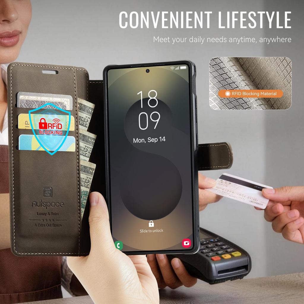 AutSpace-A15 Wallet Case For Samsung Galaxy S26 Ultra , Fashion Premium PU Leather Card Holder Phone Back Cover Protector Skins Shell