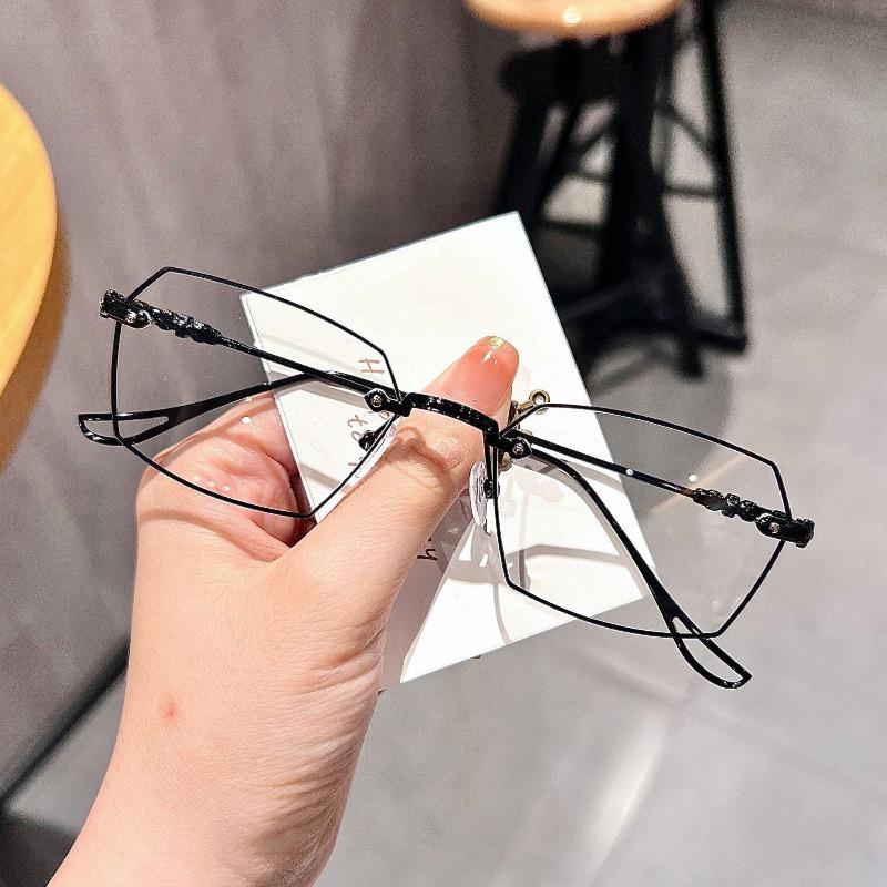 New Polygonal Literary Retro Frameless Edge-cut Glasses for Women Without Makeup, Anti-blue Light Flat Glasses