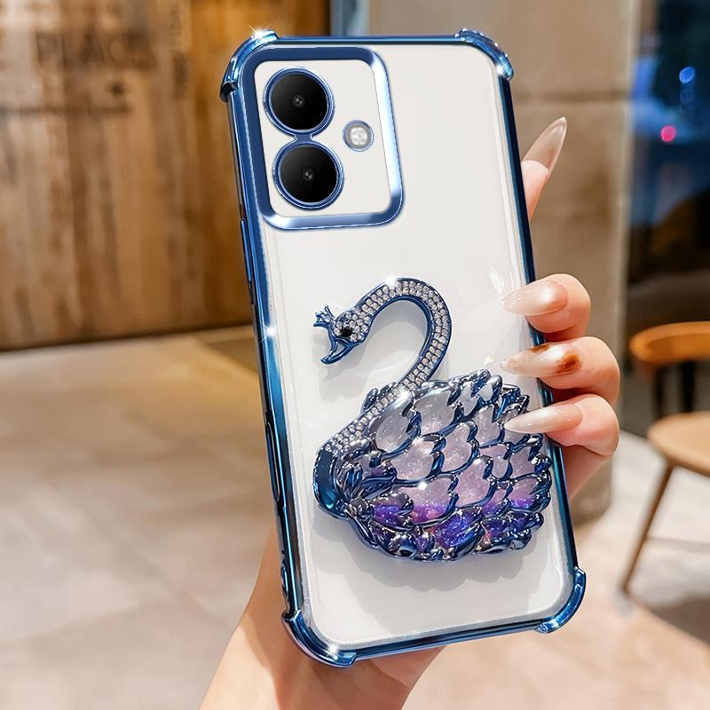 KEYSION Shockproof Plating TPU Phone Case for TECNO Spark Go 2 Pop 10 Glitter Jewelled Swan Kickstand Cover for Infinix Smart 10