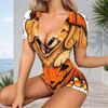 Women Plus Size V Neck Short Sleeve Button Front Raccoon Pumpkin Print Short Romper