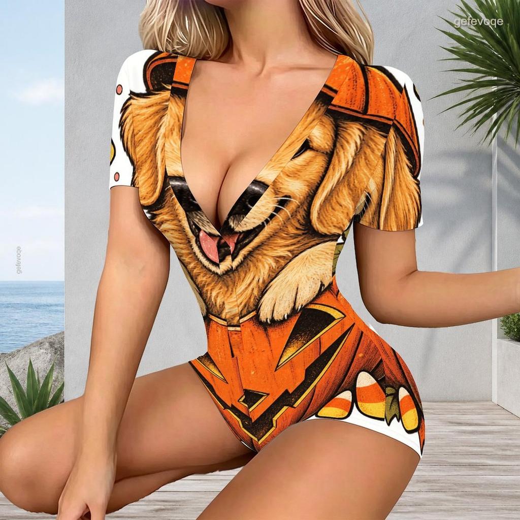 Women Plus Size V Neck Short Sleeve Button Front Raccoon Pumpkin Print Short Romper