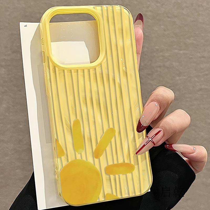 Custodia per Telefono Gialla a Strisce con Disegno del Sole per IPhone 17 Pro Max 16 15 14 13 12 11 Pro Max Plus 17Air 16E Texture Pieghettata Cover Morbida