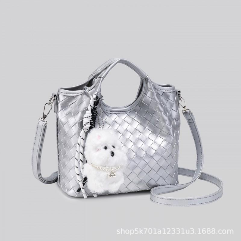 Woven Bucket Bag Women Fashion Crossbody Shoulder With Plush Dog Charm Handbag Commute