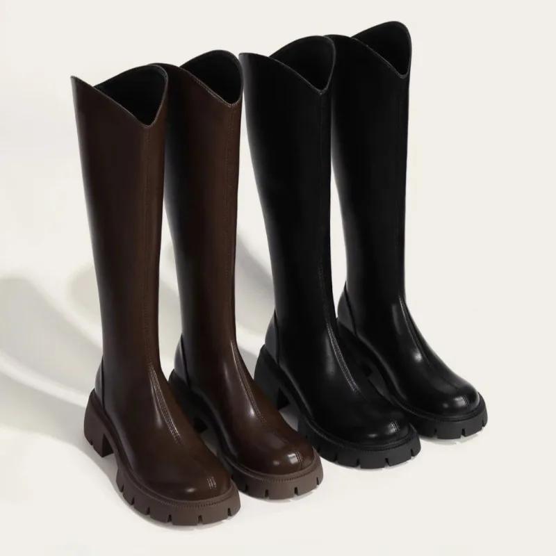 Fashion Ladies Knee High Shaft Shoes Black Round Toe Women's Long Boots Middle Heel Leather Designer Luxury Large Size Warm Quality Boot