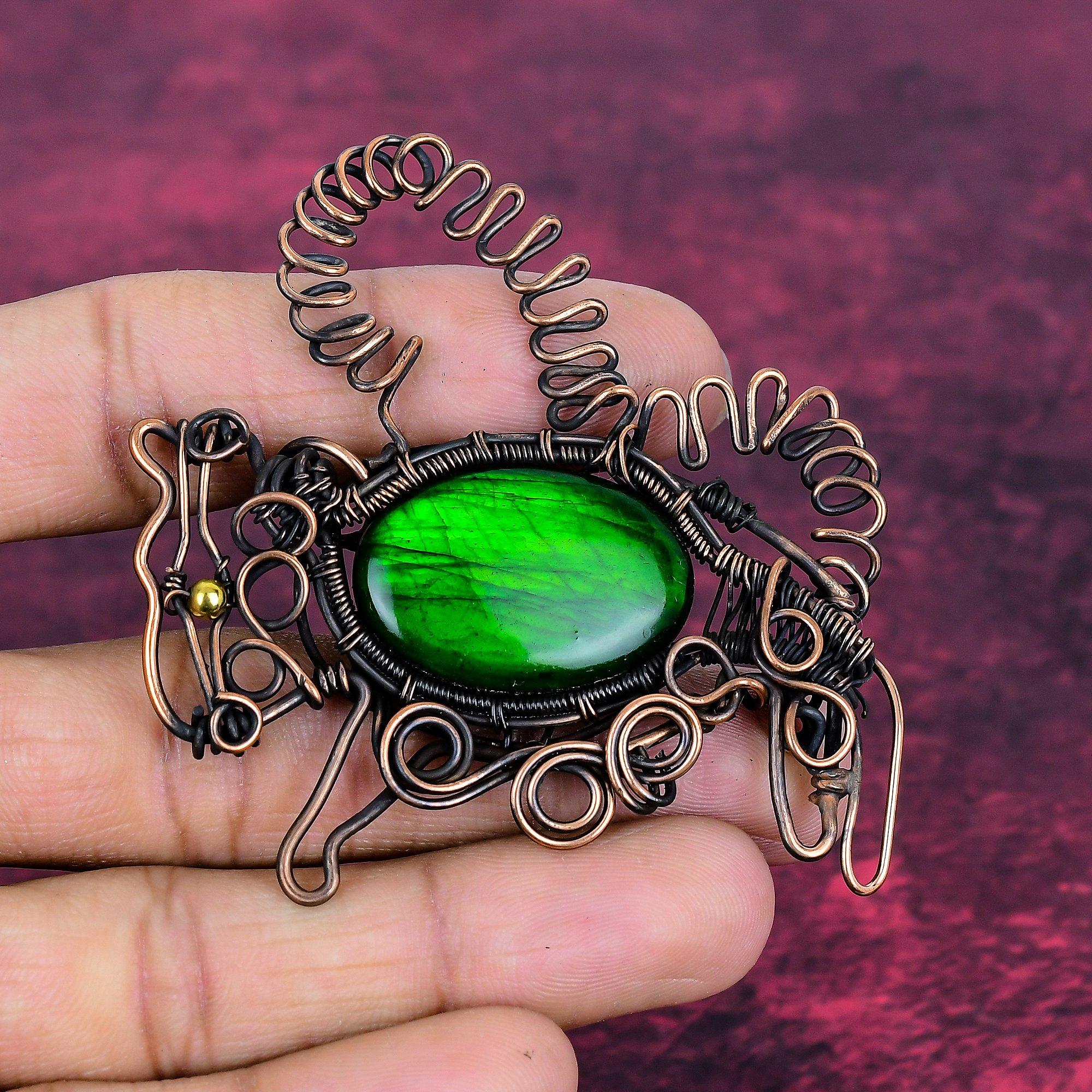 Green Fire Labradorite Gemstone Pendant Handmade Copper Wire Wrap Rabbit Pendant