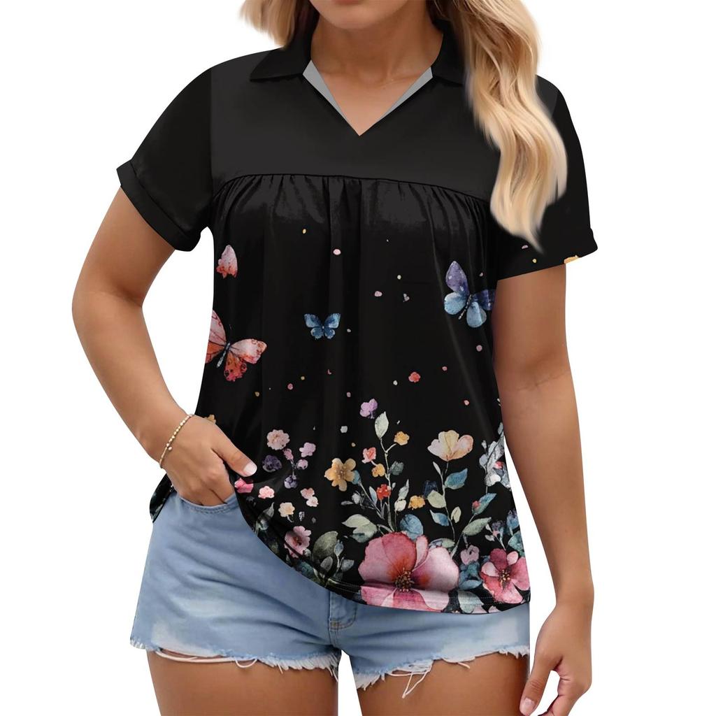 Women's Fashion Casual Printed V-Neck Short Sleeve Large Size T-Shirt Top