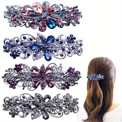 4 Stück/Packung Haarspangen für Damen Mädchen Blume Kristall Strasssteine Spangen Perlen Feder Haarspange Pferdeschwanzhalter Spangen