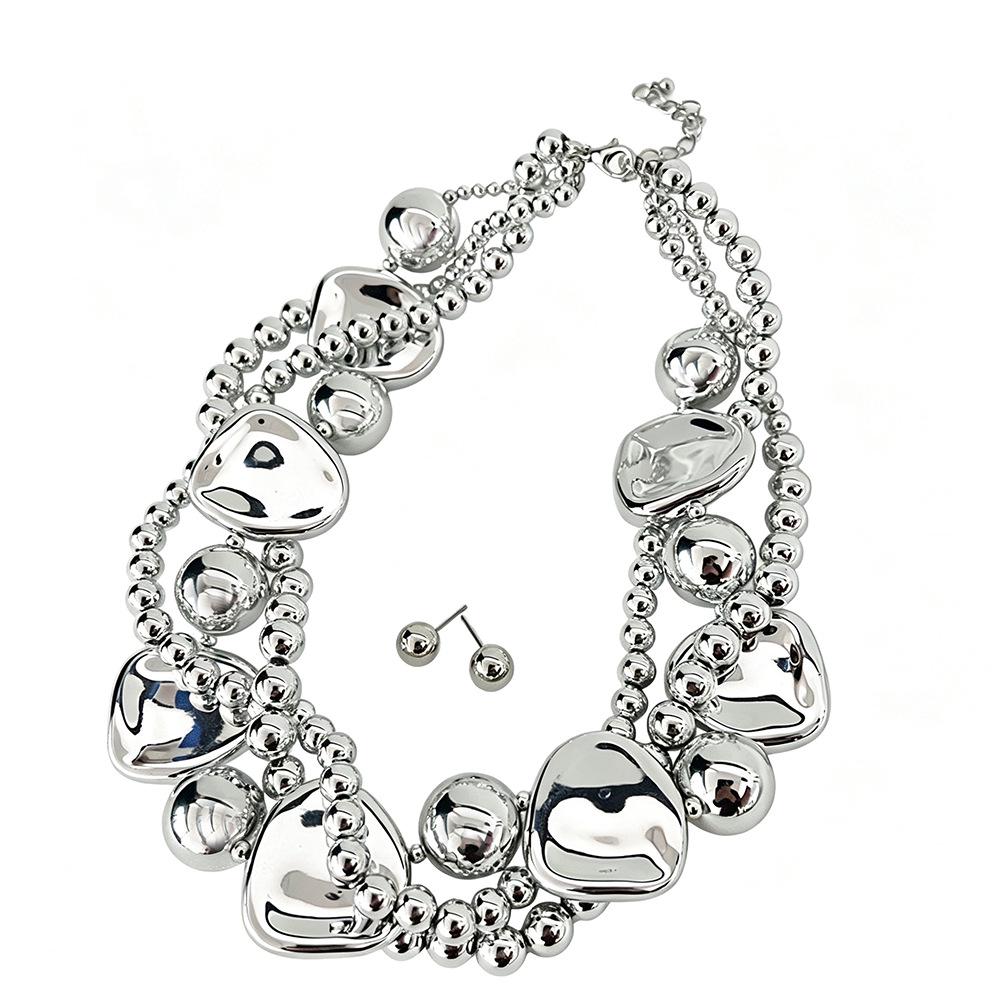 European-American Geometric Necklace & Earring Set - French Retro Style with Pearls for Formal Wear
