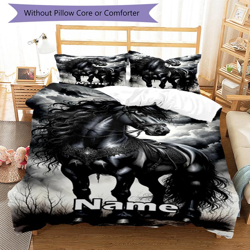 3pcs Custom Name Horse Bedding Set Duvet Cover Closure Includes 1 Duvet Cover & 2 Pillowcases, Soft and Comfortable for All Seasons.