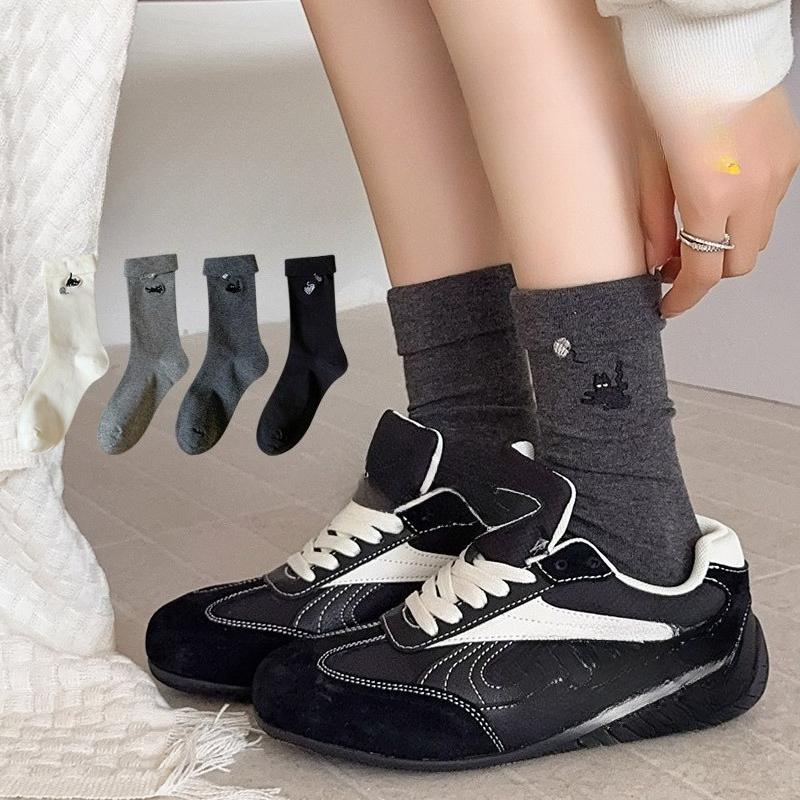 Niedliche Katze Grau Socken für Damen Herbst und Winter, Trendige Baumwollsocken, Wadenlange Socken, Lange Socken, Schulstil Frotteesocken
