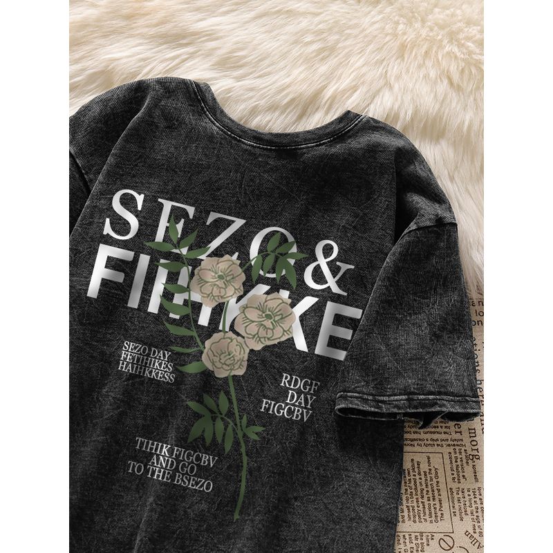 

Retro Worn Looking Washed-out Pure Cotton Top T-shirt with Short Sleeves Letter Flower Black L
