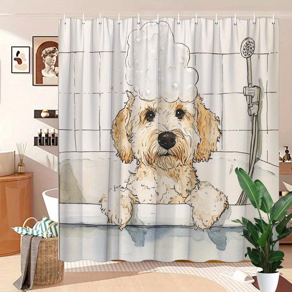 Curly-Haired Dog Shower Curtain - Watercolor Design, Washable Polyester, 12 Hooks, 70.8X70.8 Inches, Easy Installation