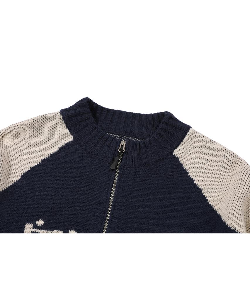 Cpgn Studio [2-Way] Curved Block Knit Zip-Up Navy
