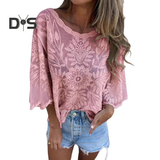 

Жіночі топи з круглим вирізом, рукавами 3/4, прикрашені мереживом, вільного крою, повсякденна сорочка однотонного кольору, дихаючі, незвичайні топи S рожевий