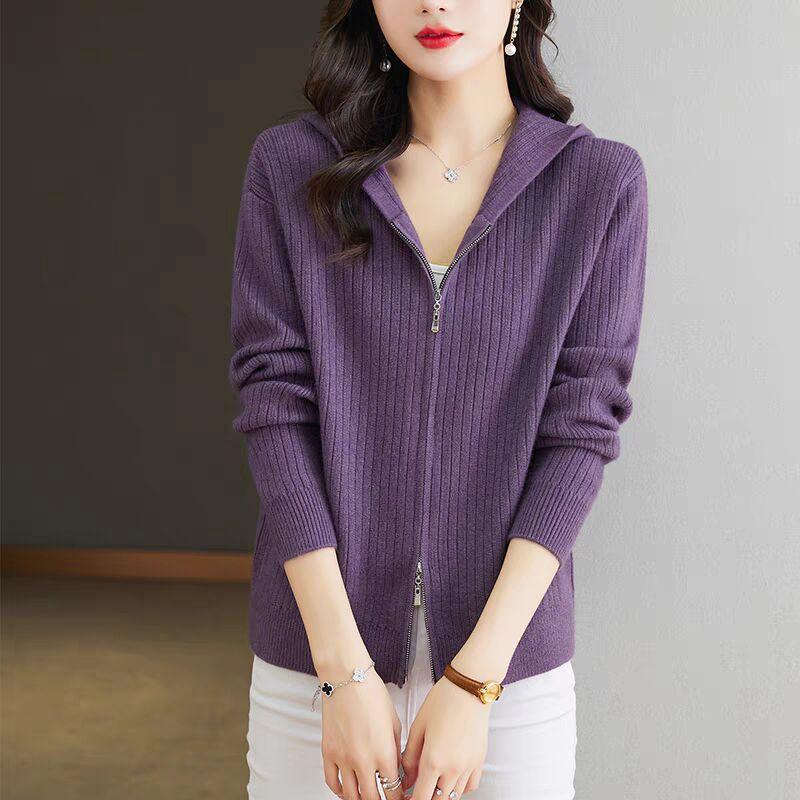 Women's Cardigan Knitted Hooded Sweater Autumn Short Top Double Zipper Sweater Jacket