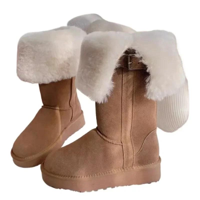 Fashion 2025 Winter Women's Keep Warm Short Plush Flat Suede New Platform Knee High Boots for Women Outdoor Casual Cotton Shoes 35-40