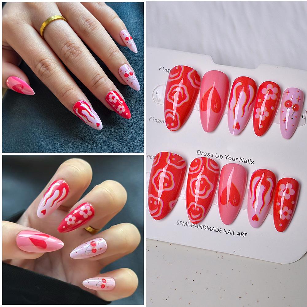 Valentine s Red Heart Nail Art Stickers - Almond Shape Detachable Nails with Cherry Resin Charms