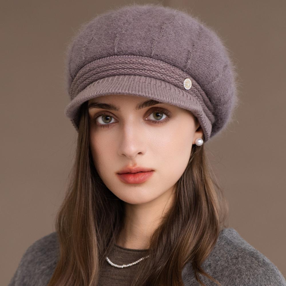 Chic Lined Fur Plush Brim With Hat Winter Fashionable Trendy Women New Brand Latest Fresh Hats For Casual Rabbit Blend Streetwear Knitted Cap