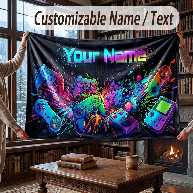 Game Controller Theme Throw Blanket Custom Name Text Personalized Blanket Soft Cozy Blanket for Home Sofa Bed