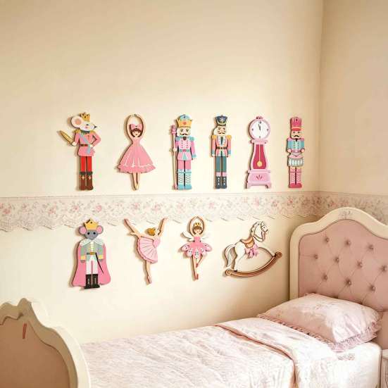 Handmade Christmas Tree Charms 10/20/30Pcs Nutcracker Wooden Ornaments, Pink Watercolor Hanging Decor with Cute Ornament Set for Kids Ballerina, Horse