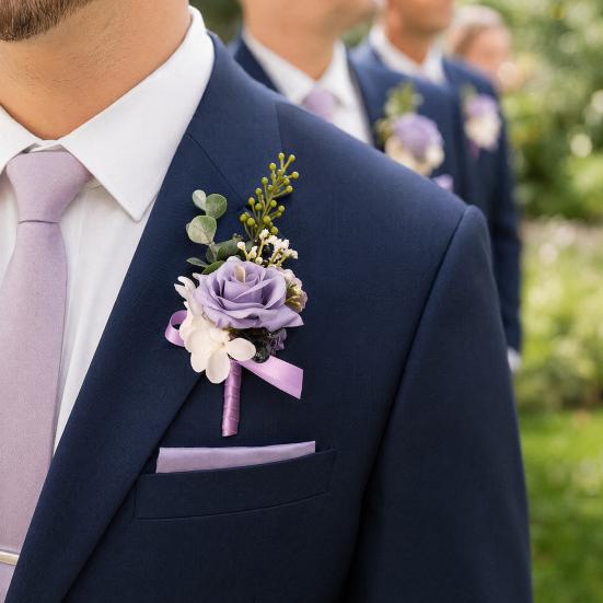 Yousheng Purple Wedding Boutonniere, Artificial Silk Flower Lapel Pin for Groom Bride Parents, Romantic Wrist Corsage for Bridal