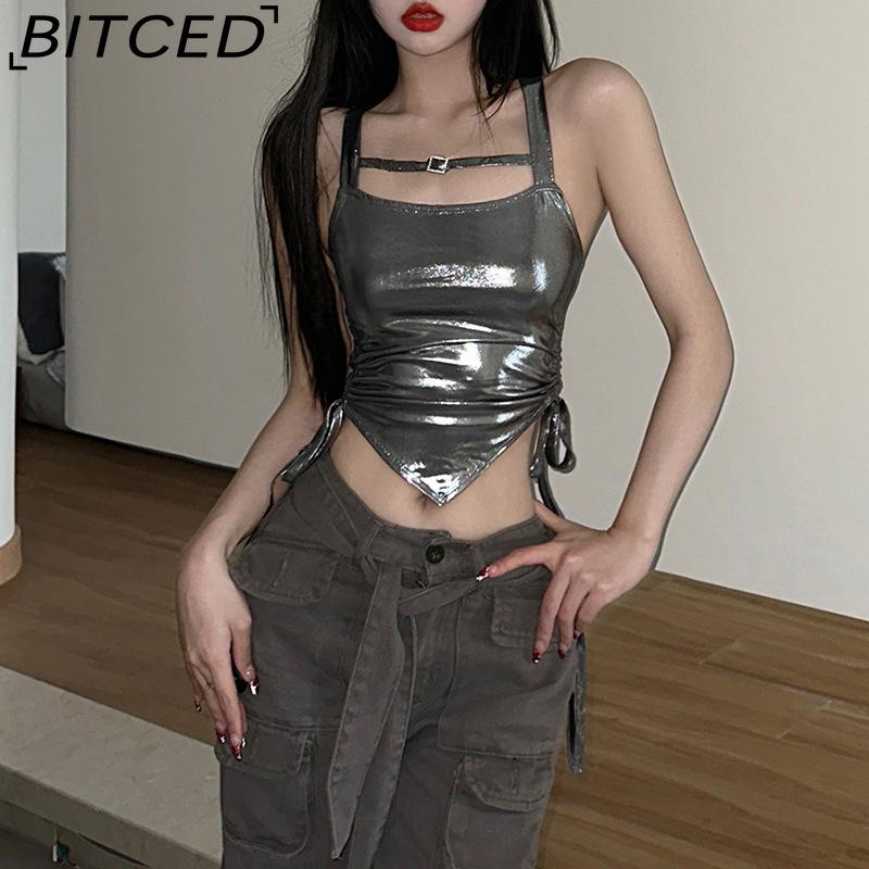 BITCED Spring/Summer Women's Solid-Colour Slim-Fit Fashion Strappy Drape-Detail Sexy Backless Tank Top