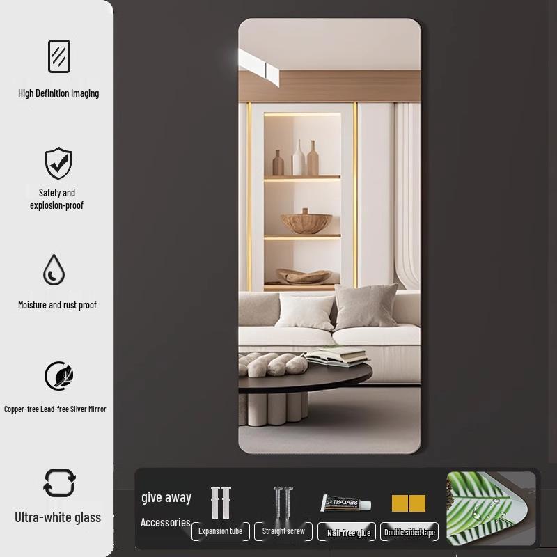 Self-Adhesive HD Full-Length Glass Mirror, Wall-Mounted, Explosion-Proof, Simple Style Dressing Mirror.