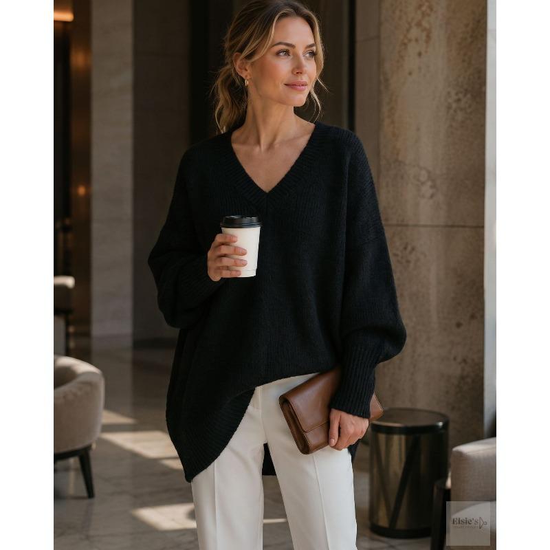 VEZFAA Damenmode, lässig, Herbst/Winter, einfarbig, bedruckt, langärmelig, V-Ausschnitt