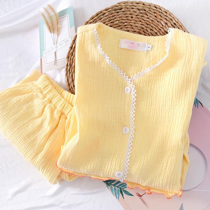 Autumn and Winter Women's Pajamas 2-Piece Set 100% Crepe Cotton Ladies Lace-Trimmed Sleepwear Pajamas Long-Sleeved Trousers Set