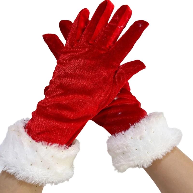 Christmas Costume Gloves for Adult, Red Gloves with Furry Plush Cuffs, Decorative Handwear for Holiday Festival Event Photography