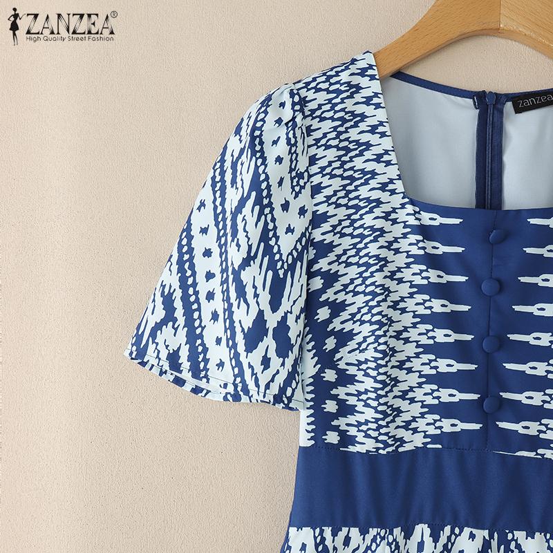 ZANZEA Women Summer Square Collar Casual Short Sleeve Print Dress