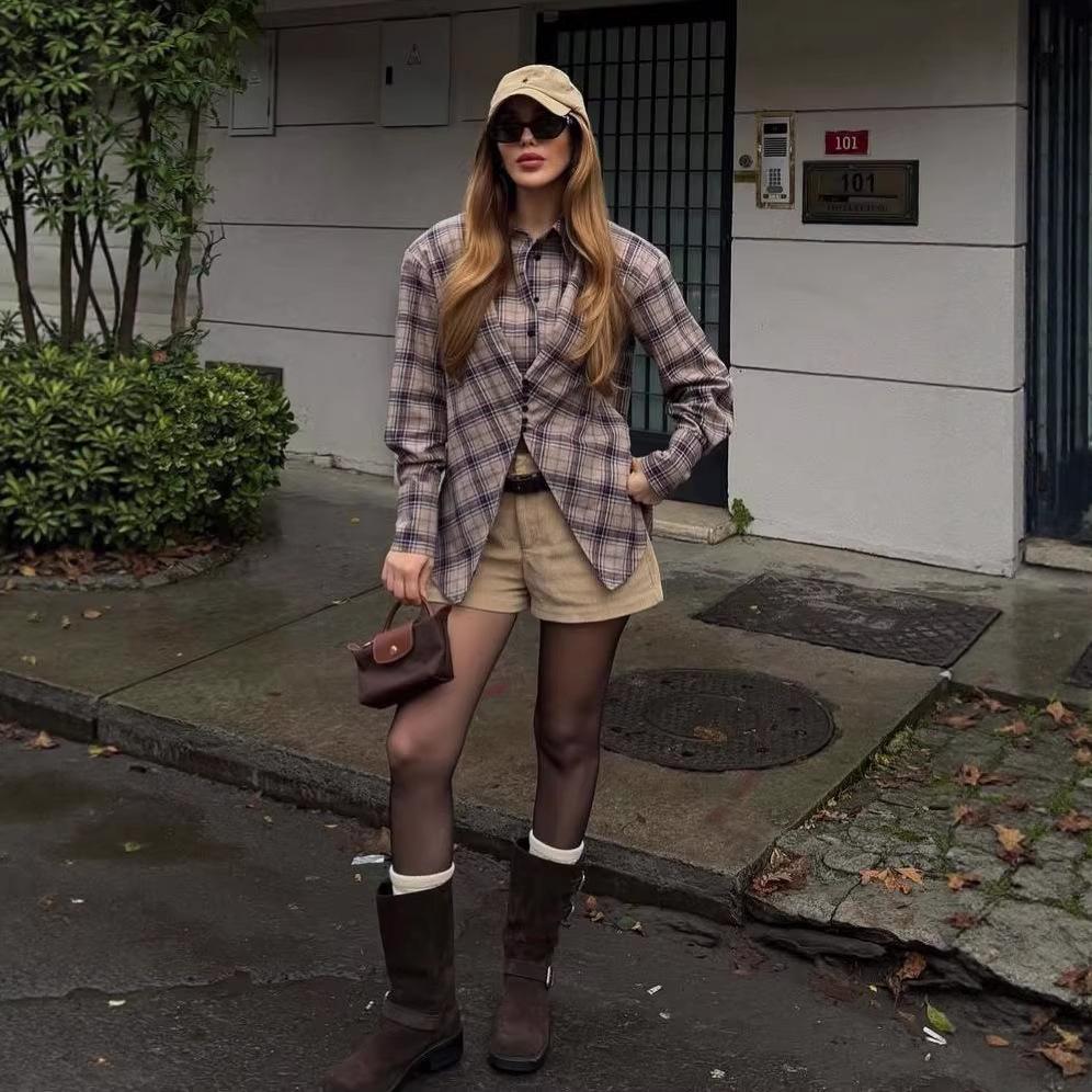 2026 Spring Collection: European & American Style Plaid Shirt - Chic, Casual, Retro Design with Waist-Cinching for a Trendy Look