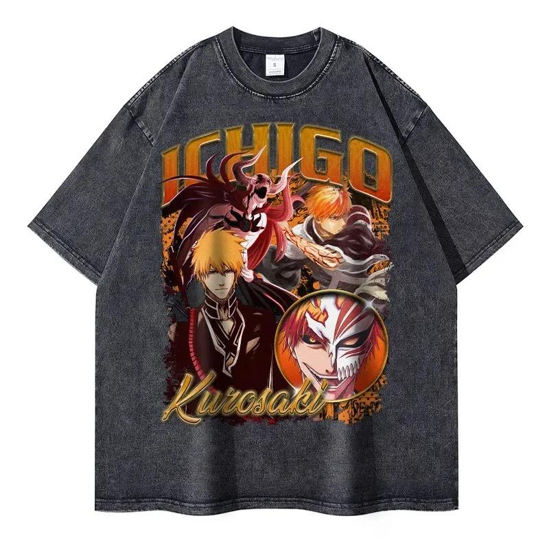 Anime Bleach Kurosaki Ichigo Graphic Print Vintage Washed Tshirt Unisex Women Loose Oversized Summer New Tee Harajuku Fashion Tops S