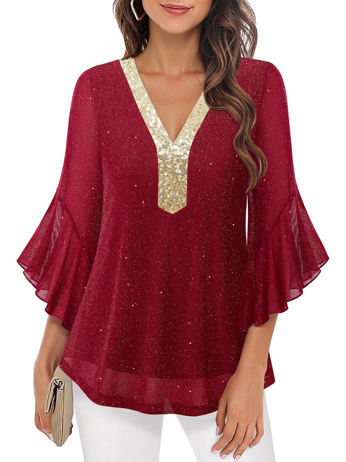 2026 European Casual V-Neck Color Block Bell Sleeve Sequin Women s Top Medium красный