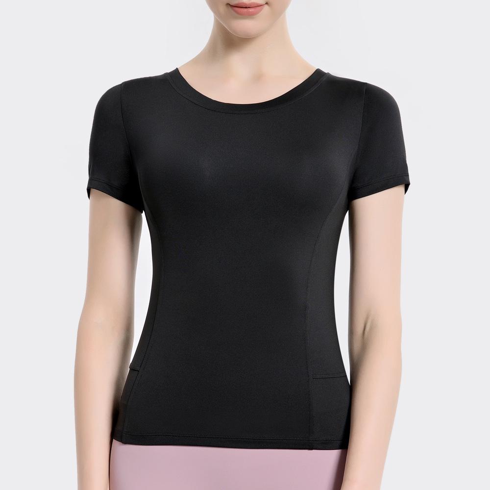 

Женская быстросохнущая футболка для йоги с коротким рукавом, облегающего кроя - Дышащая, Высокоэластичная, Круглый вырез, Однотонная одежда для фитнеса Small