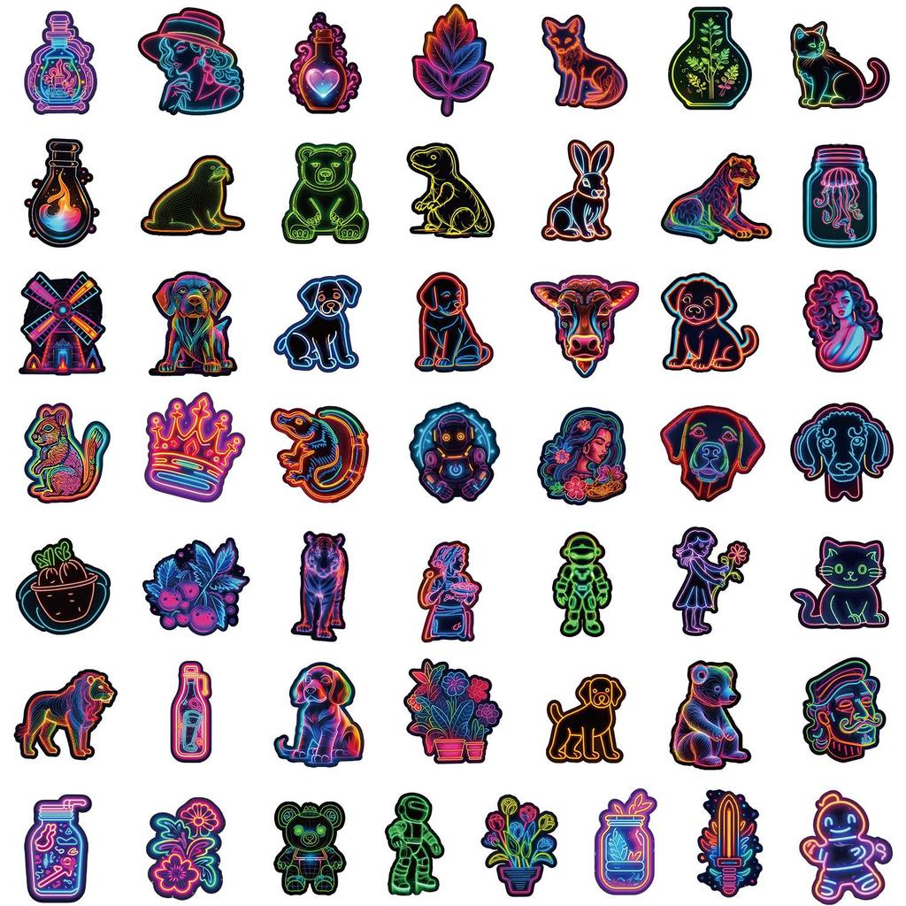 50 Neonových Graffiti Vodotěsných Samolepek pro Zdobení Počítačů, Telefonů, Kelímků na Vodu, Zápisníků a Deníků.